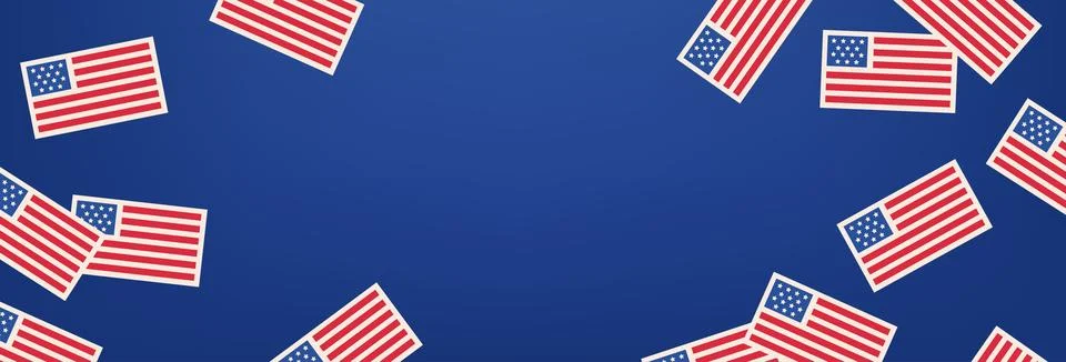 Flat graphic of American flags framing a blue gradient background with copy.. Stock Illustration
