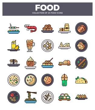 Flat graphic food icon set with various cuisines on white background Stock Illustration