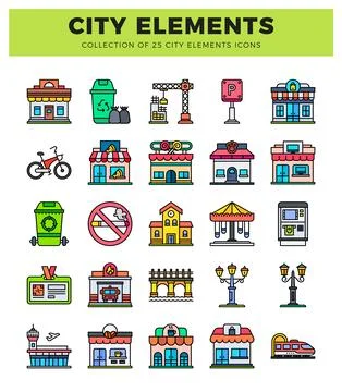 Flat graphic icons city elements including buildings and vehicles. Illustrazione stock