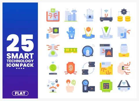 Flat graphic icons showcasing smart technology. innovation. and AI. present.. Stock Illustration