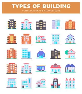 Flat graphic icons of various building types in a clean. modern style. Stock Illustration