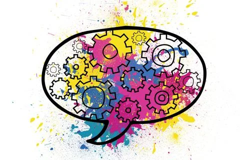 Flat graphic is showing black-outlined speech bubble filled with CMY white Stock Illustration