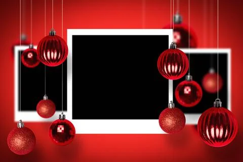 Flat graphic showing overlapping frames on red gradient with hanging glossy Stock Illustration