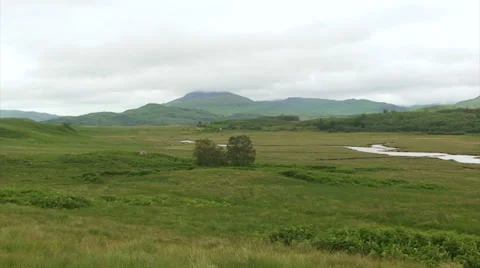 Flat grassland with small river, Highland mountains Stock Footage 39815428