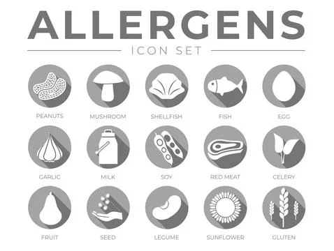 Flat Gray Allergens Icon Set. Allergens, Mushroom, Shellfish, Fish, Egg, Garl Stock Illustration