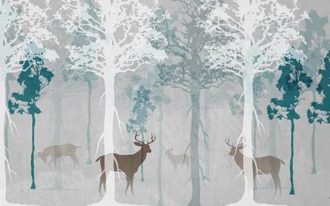 Flat gray and green tree outlines and brown deer shadows Stock Illustration