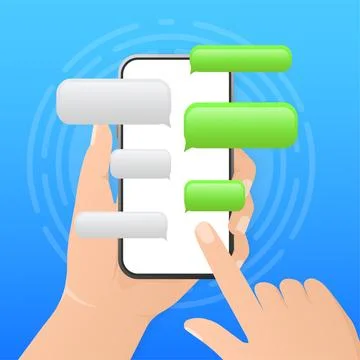 Flat green button on blue background. Talk bubble speech icon. Template chat Stock Illustration