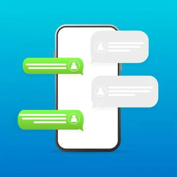 Flat green button on blue background. Talk bubble speech icon. Template chat イラスト素材