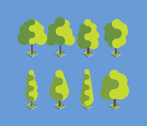 Flat green isometric tree set. Flat design vector illustration. EPS 10. Illustrazione stock