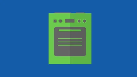 Flat green kitchen stove oven icon animation on blue background for cooking Stock Footage 333240273