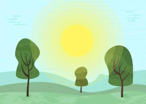 Flat green landscape with texture. Sunset composition background. Template fo Ilustração Stock