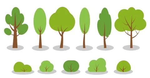Flat green summer tree bush forest icon vector set Stock Illustration