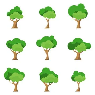 Flat green trees icon vector set bundle. Isolated organic garden forest Stockillustratie