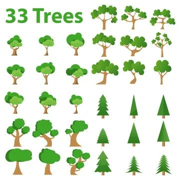 Flat green trees vector set thirty three different forest and garden plants. イラスト素材