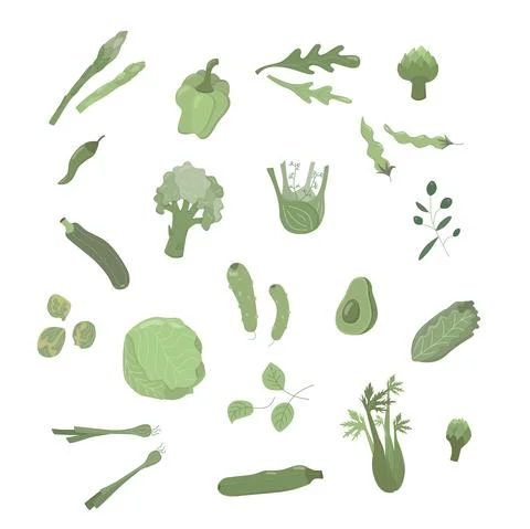 Flat green vegetables set in boho colors. No pattern. Vector stock illustration Stock Illustration