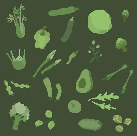 Flat green vegetables set in boho colors. No pattern. Vector stock illustration Stock Illustration