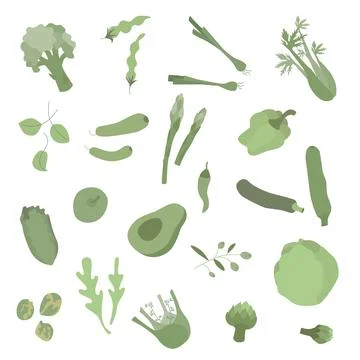 Flat green vegetables set in boho colors. No pattern. Vector stock illustration 스톡 일러스트