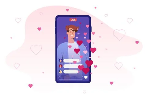 Flat guy blogger broadcasting online stream with flying live like Stock Illustration
