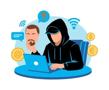 Flat of a hacker in a hoodie using a laptop, stealing identity and money online. Stock Illustration