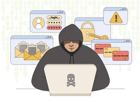Flat hacker with laptop stealing personal data in internet Illustrazione stock