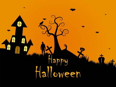 Flat Halloween Background with Haunted House, zombie, bat, and grave. Stock Illustration