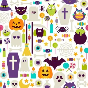 Flat Halloween Holiday Objects Seamless Pattern Stock Illustration