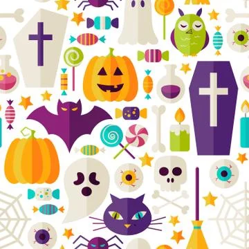 Flat Halloween Party Objects Seamless Pattern over White Stock Illustration