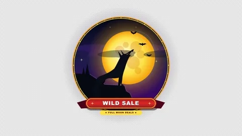 Flat Halloween werewolf howling in front of full moon silhouette badge with 库存影片 346568002