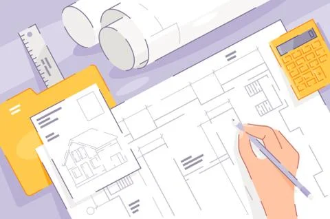 Flat hand with development drawing project of house. Stock Illustration