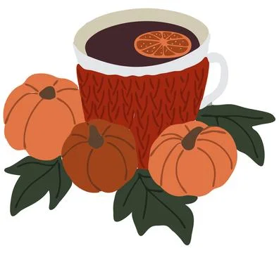 Flat hand drawn composition: cup with hot drink with pumpkin with leaves arou Stock Illustration