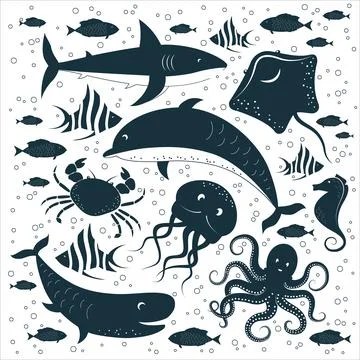 Flat hand drawn sea life elements set, underwater animals silhouettes: fish,  Stock Illustration