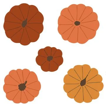 Flat hand drawn set of orange pumpkins. Halloween autumn symbols. Vector icon Stock Illustration