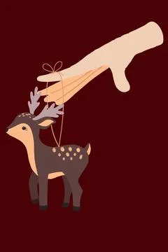 Flat hand drawn sketch of hand keeping Christmas toy deer . The decoration is Stock Illustration