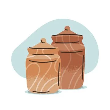 Flat hand-drawn vector illustration of wooden jars for storage of cereals. .. Stock Illustration