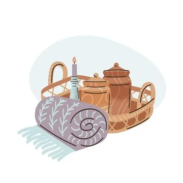 Flat hand drawn vector illustration of wooden jars, wicker tray, candle holde Illustrazione stock