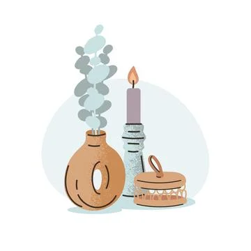 Flat hand drawn vector illustration of vase with eucalyptus, candlestick an.. Stock Illustration