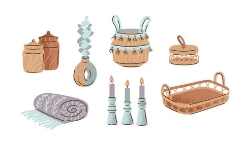 Flat hand drawn vector illustration. A set of home decor items. Wicker bask.. Stock Illustration