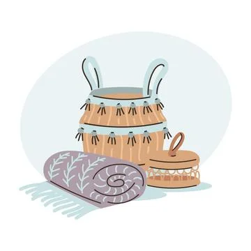 Flat hand drawn vector illustration of wicker goatskin, plaid and casket. S.. Stock Illustration