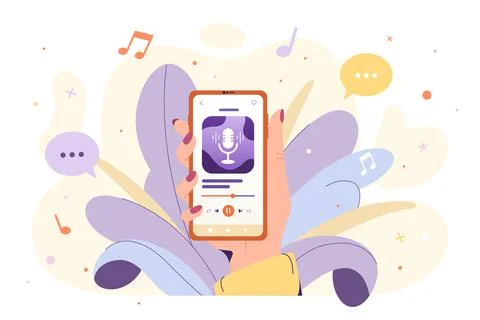 Flat hand hold smartphone with app for listening podcast Illustrazione stock