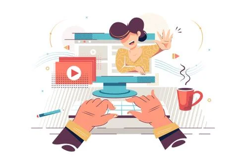 Flat hand man watching video content with young woman in website. Stock Illustration