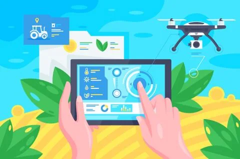 Flat hand with tablet, drone at field for smart farming. Stock Illustration