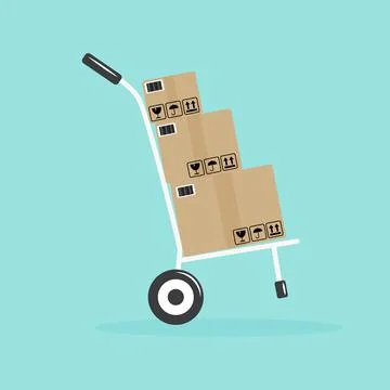 Flat hand truck with three boxes vector illustration. Stock Illustration