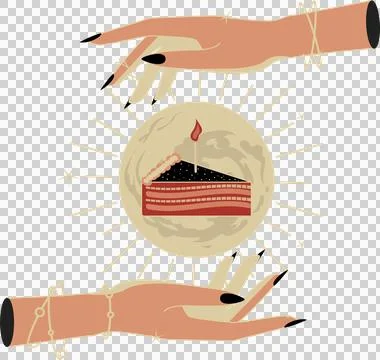 Flat hands are holding glowing orb with layered cake slice, lit candle, Stock Illustration