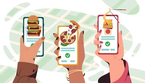 Flat hands hold smartphone with app for ordering fast food Stock Illustration