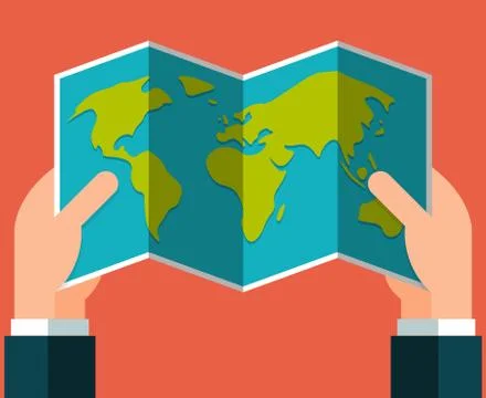 Flat hands holding a map Stock Illustration