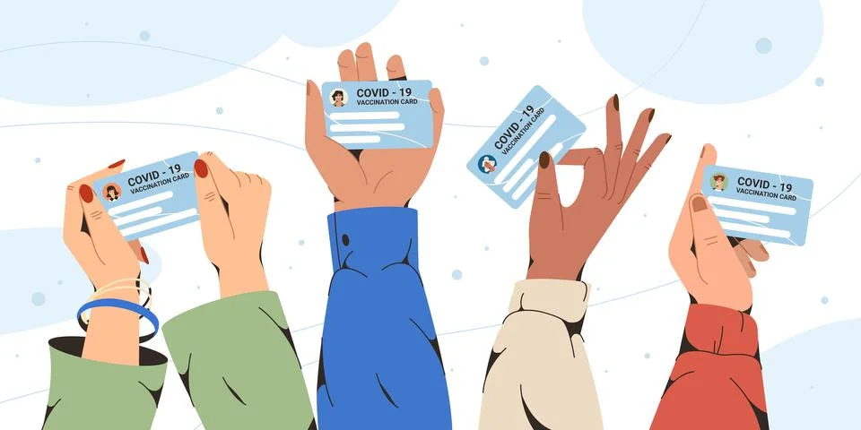 Flat hands holding vaccination record cards Illustrazione stock