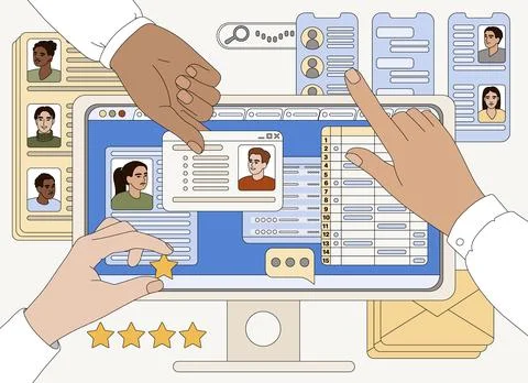 Flat hands of hr team research workers choose best candidate for job Stock Illustration