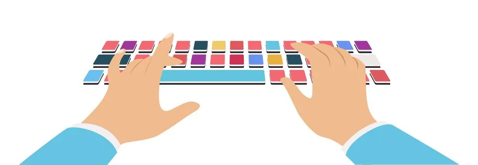Flat Hands typing on white keyboard with cable and pastel background. Illustrazione stock