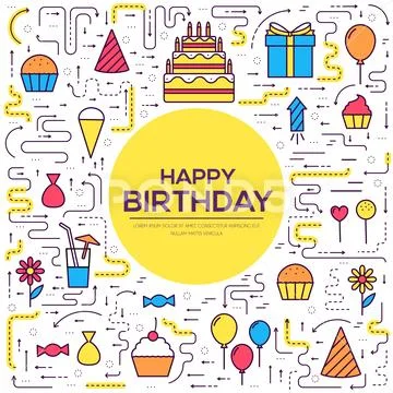 Flat happy Birthday festive background with confetti icons set. Party and Stock Illustration