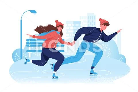 Flat happy couple in winter clothes skating on ice in park. Stock Illustration